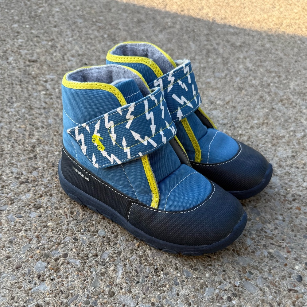 See Kai Run Blue and Black Lightning Boots, like new